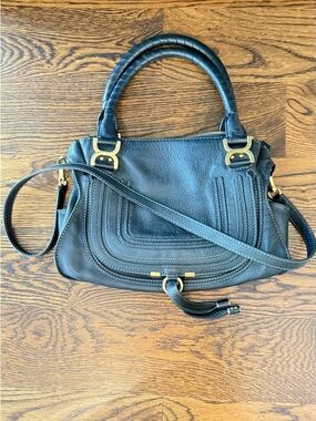 Chloé Black Leather Marcie Satchel Bag with Gold Hardware